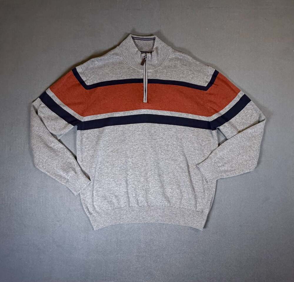 Roundtree & Yorke Quarter Zip Sweater Men’s Striped Gray Orange Navy Men’s M